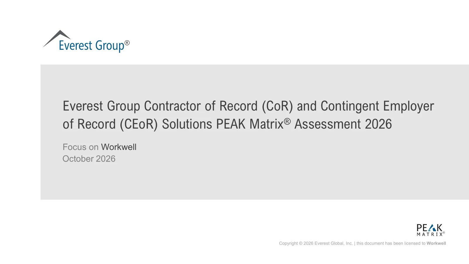 Cover of Everest Group's Contractor of Record and Contingent Employer of Record Solutions PEAK Matrix Assessment 2026, Focus on Workwell