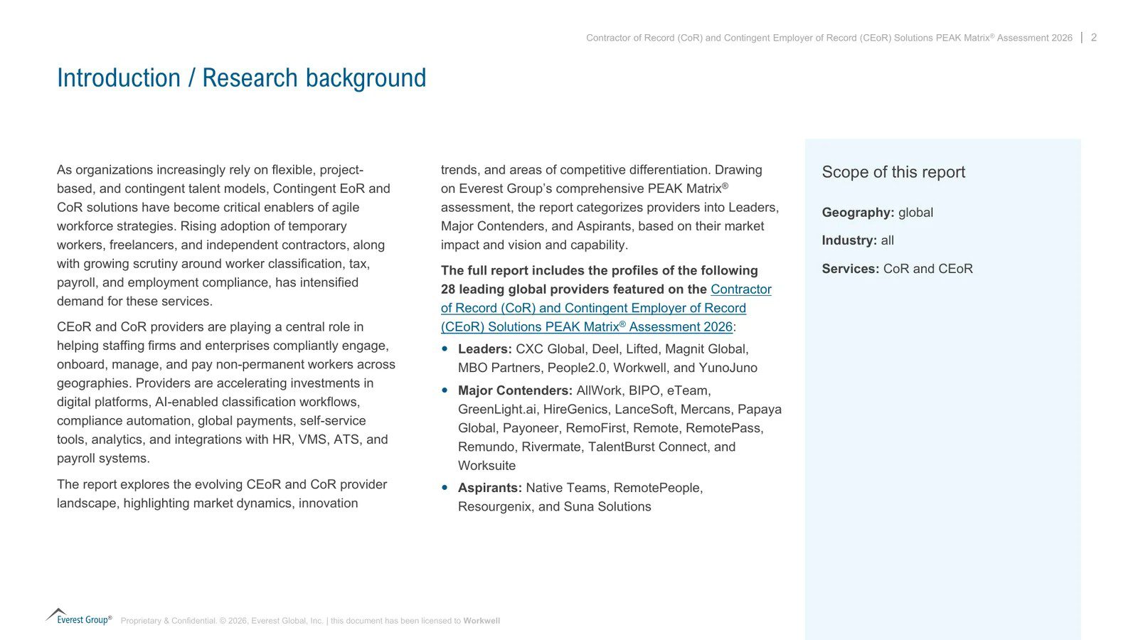 Introduction to the Everest Group CoR and CEoR PEAK Matrix Assessment 2026, listing the 28 providers assessed
